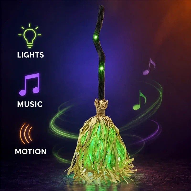 Animated Halloween Witch Broom — Glowing LED, Spooky Sounds & Dancing Motion